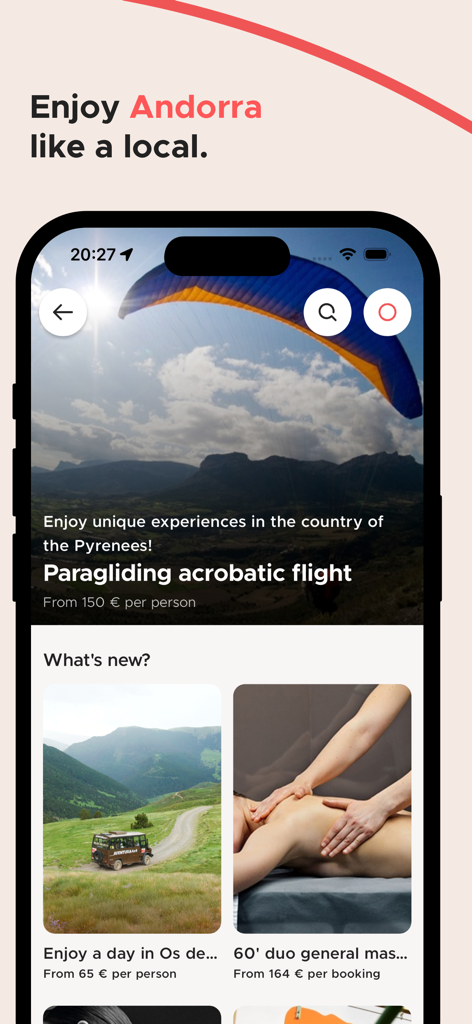 CityXerpa - Andorra's app - CityXerpa app interface showcasing local Andorra experiences such as paragliding flights, mountain excursions, and wellness massages.
