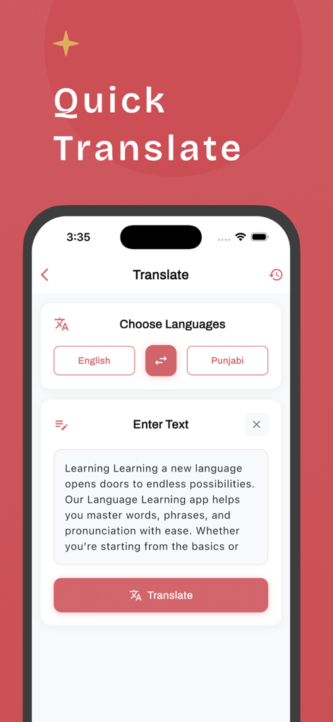 English Punjabi Translator + - A mobile app interface showing a text translation tool from English to Punjabi with a quick translate header