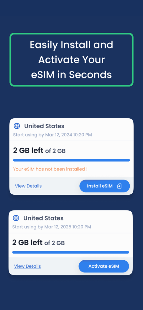 Interface of the GigSky app showing how to install and activate a 2GB eSIM plan for the United States