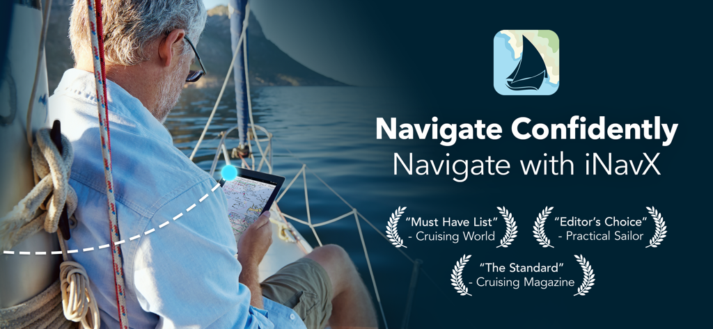 Man using iNavX marine navigation app on a tablet while on a sailboat