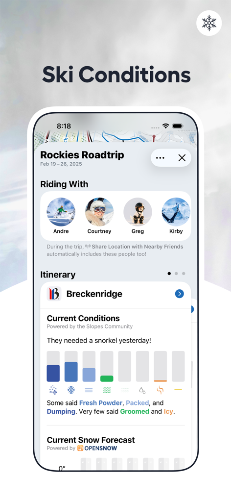 Die Benutzeroberfläche der Slopes-App zeigt Skibedingungen und Gruppenreiseplanung für das Skigebiet Breckenridge an.