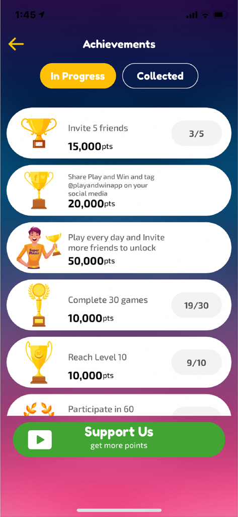 Play and Win -Win Cash Prizes! - Play and Winアプリの栄誉画面。さまざまなトリビアタスクに対するポイント報酬が表示されています。