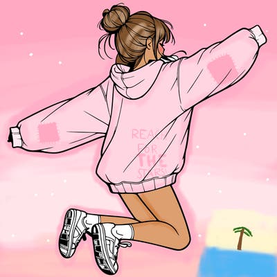 realistic girl jumping with a bun and oversized sweatshirt