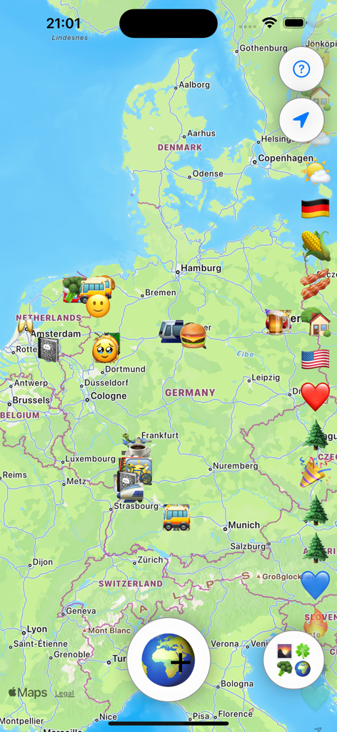 MapMoji - A map of Europe decorated with user-placed emojis in the MapMoji app.