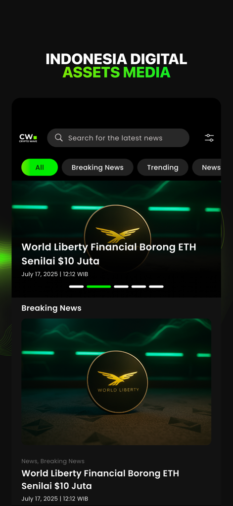 CryptoWave Media mobile app home screen showing the latest news and categories for digital assets and blockchain