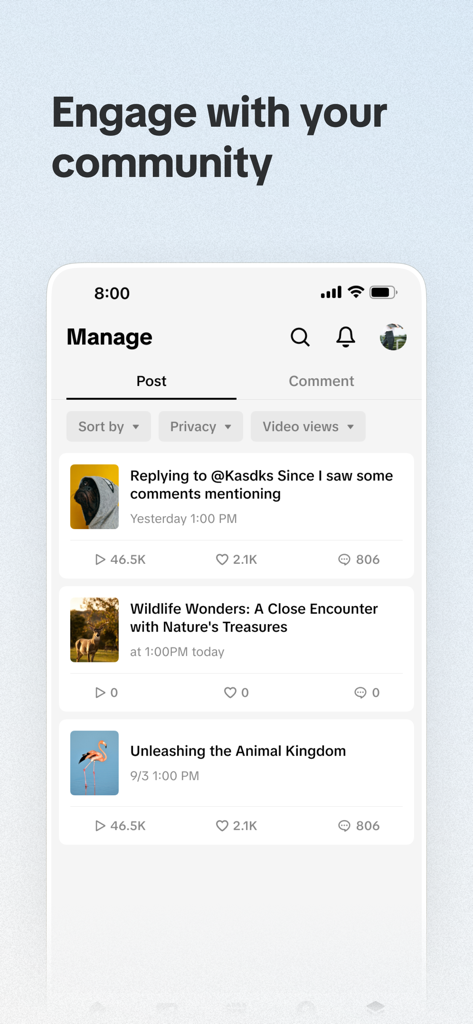TikTok Studio-Oberfläche mit Post-Management- und Community-Engagement-Metriken.