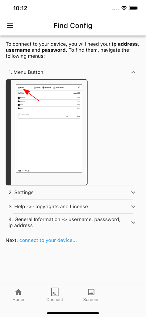 Notable Utility - Notable Utility app screen showing a step-by-step guide to finding reMarkable device connection settings