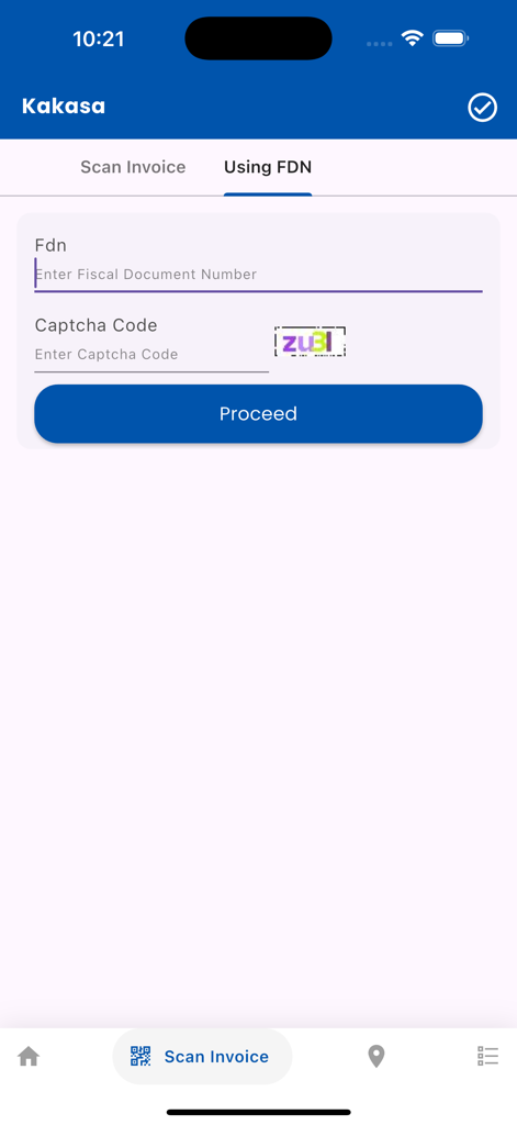 AskUra - AskUra mobile app screen for tax invoice validation using a Fiscal Document Number and captcha code.