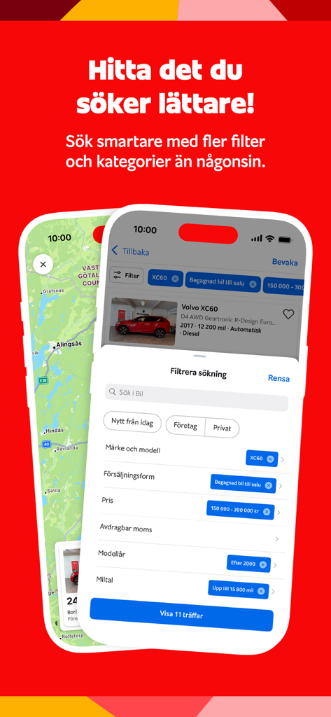 Blocket – köp & sälj begagnat - Interface de pesquisa e filtragem da app marketplace Blocket mostrando um anúncio de carro e vista de mapa