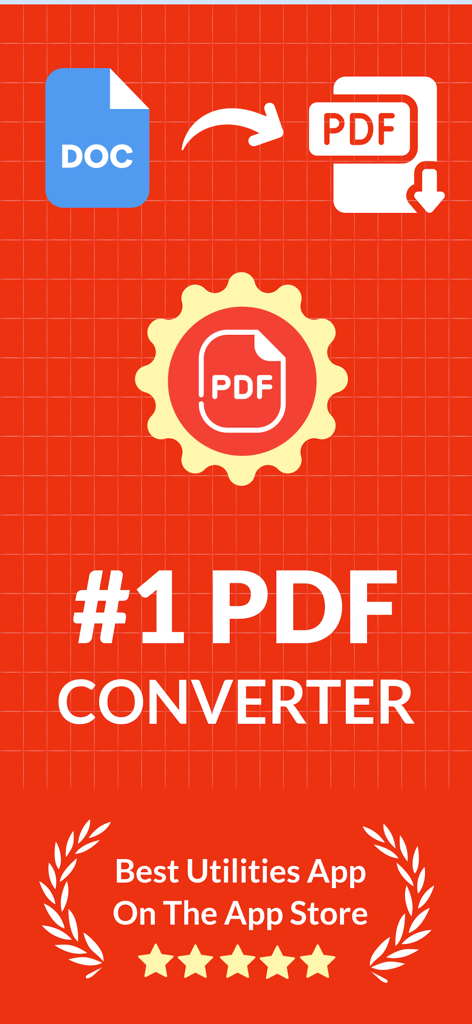 Pictures To PDF : Converter - Promotional graphic for the Pictures To PDF Converter app showing document to PDF conversion and a five star rating as the top utility app