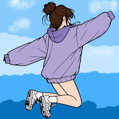 realistic girl jumping with a bun and oversized sweatshirt