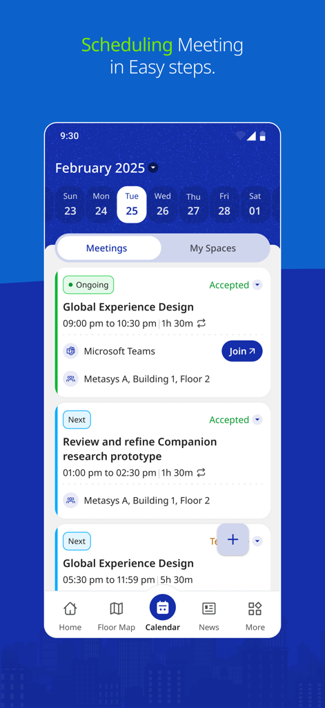 RBC Workplace - Interfaz de calendario de la aplicación RBC Workplace que muestra reuniones corporativas programadas y ubicaciones de salas para un lugar de trabajo híbrido.