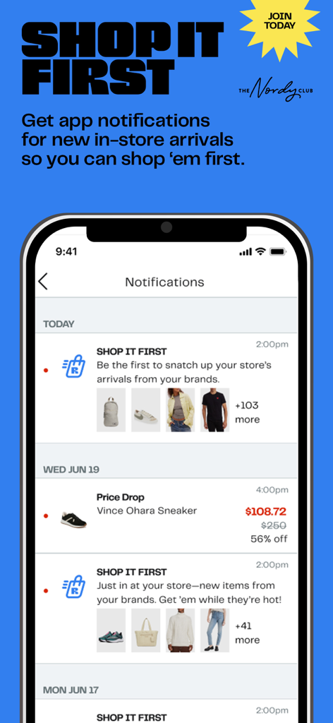 Nordstrom Rack: Shop Deals - Smartphone screen displaying Nordstrom Rack app shopping notifications and price drop alerts.
