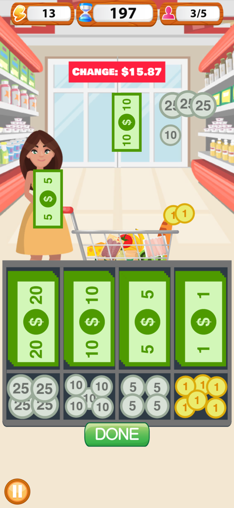 Gameplay screen of Supermarket Cashier Simulator showing a player calculating and giving 15.87 dollars in change to a customer.