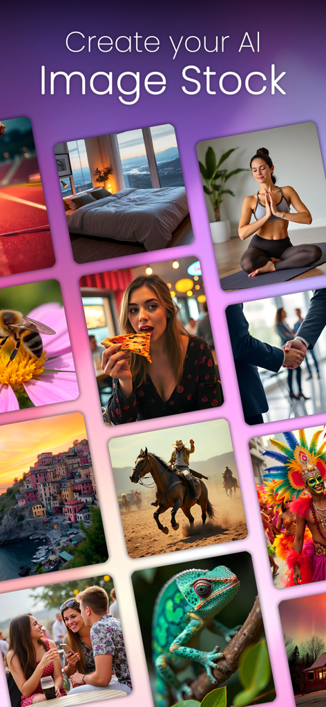 AI Art Photo Generator: CreArt - A collage of diverse AI-generated images including nature lifestyle and animals from the CreArt app