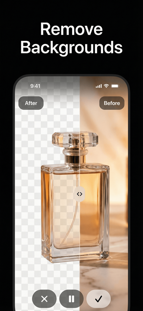 Bananai: AI Photo Editor - Bananai AI photo editor affichant l'outil de suppression d'arrière-plan avec une vue avant/après d'une bouteille de parfum