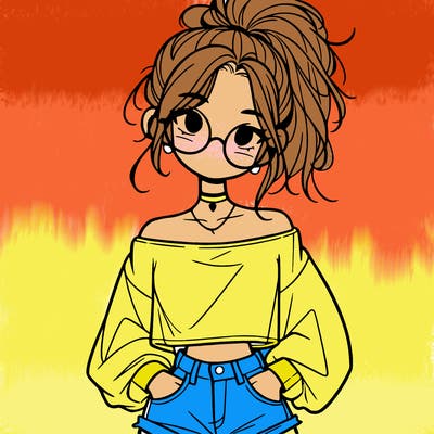 girl with a messy ponytail glasses a baggy crop top and jean shorts
