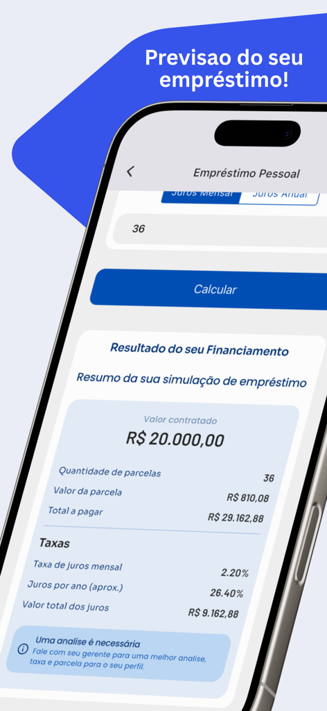 Pantalla de simulación de préstamo personal mostrando cálculos de cuotas y tasas de interés