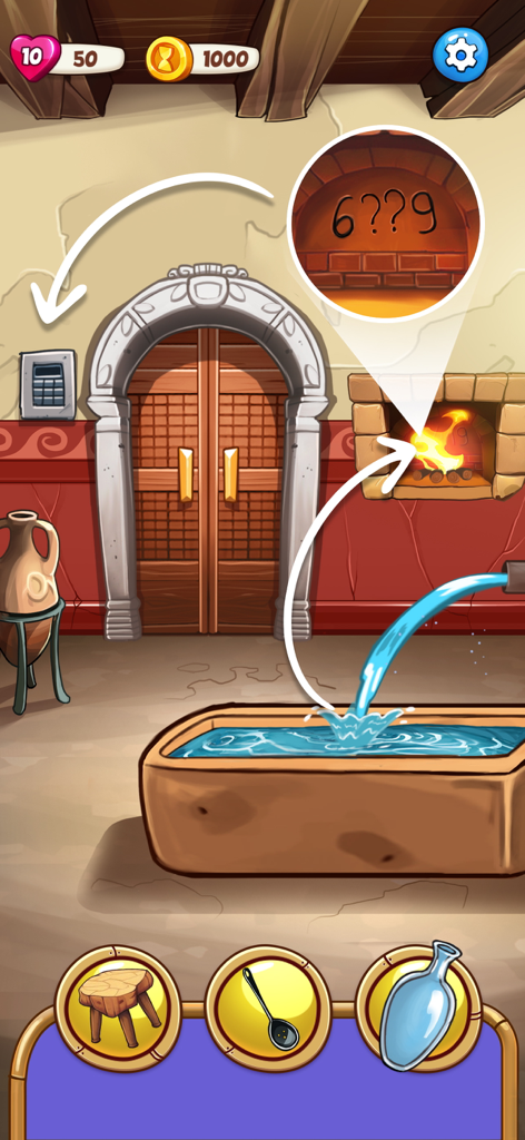 Un rompicapo nel gioco Escape Time con un indizio nel camino e oggetti nell'inventario in un ambiente antico