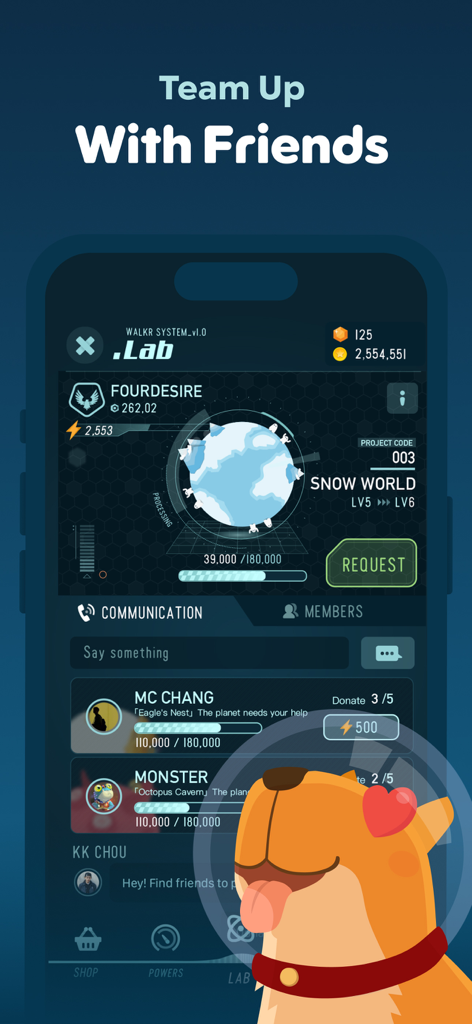 Walkr - Gamified Fitness Walk - Walkr app interface showing the social Lab feature to team up with friends and explore planets together