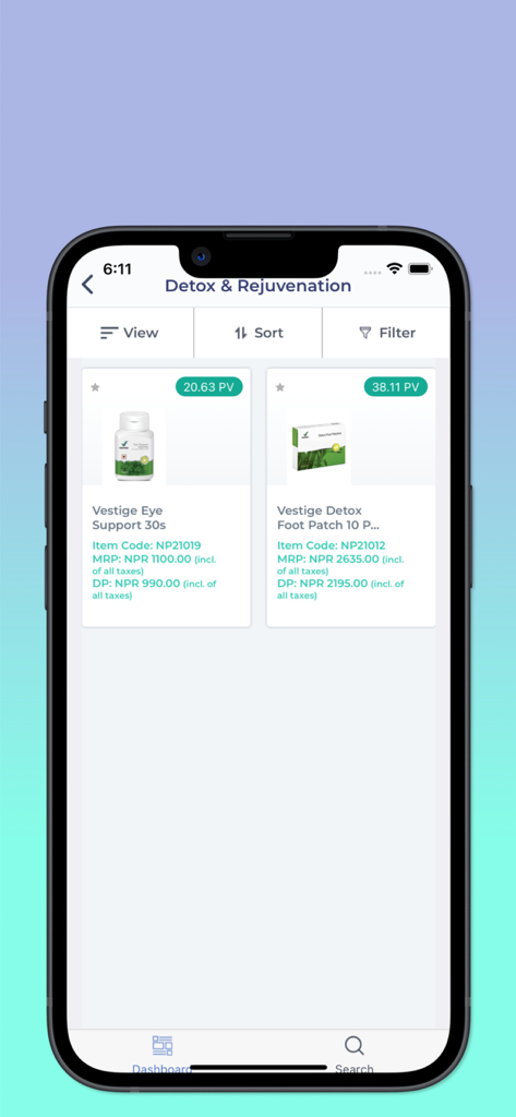 Pantalla del catálogo de productos en la aplicación Healthy Living Nepal que muestra suplementos de bienestar con PV y precios