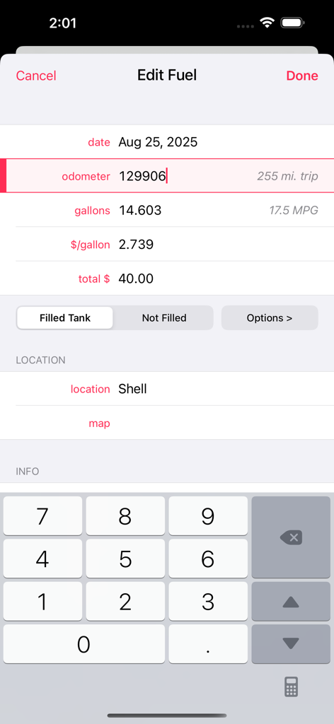 Road Trip MPG - Fuel entry screen in the Road Trip MPG app showing data fields for odometer gallons and gas price
