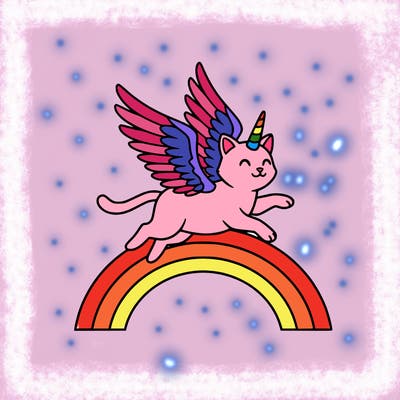 a cat with a unicorn horn running over a rainbow with open wings