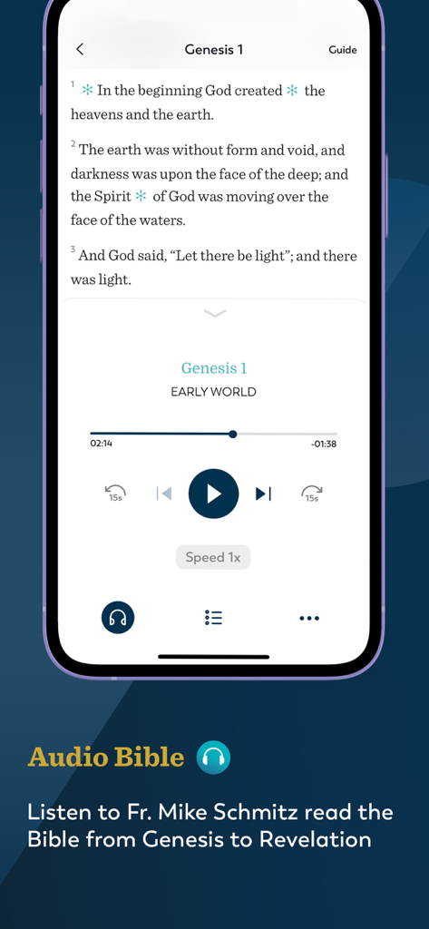 Ascension: Catholic Bible - Pantalla de smartphone mostrando el texto de Génesis 1 y los controles de reproducción de audio en la aplicación Ascension Catholic Bible.