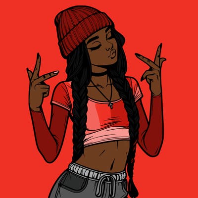 realistic teenage girl with braids and a beanie and crop top doing 🫶🏼