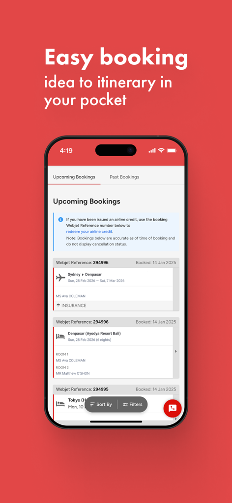 Webjet - Écran mobile de l'application Webjet affichant les réservations de vols et d'hôtels à venir.