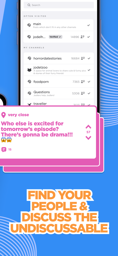 A smartphone display of the Jodel app showing a list of local interest channels and an anonymous post about a trending topic.