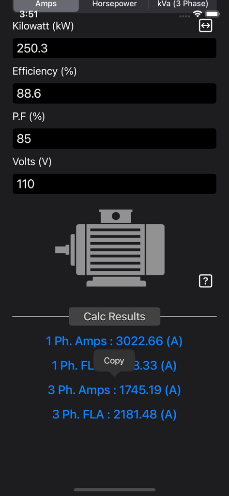 Electrical Motor Calculator - Electrical Motor Calculator app interface calculating single and three phase amps from kilowatt and efficiency inputs