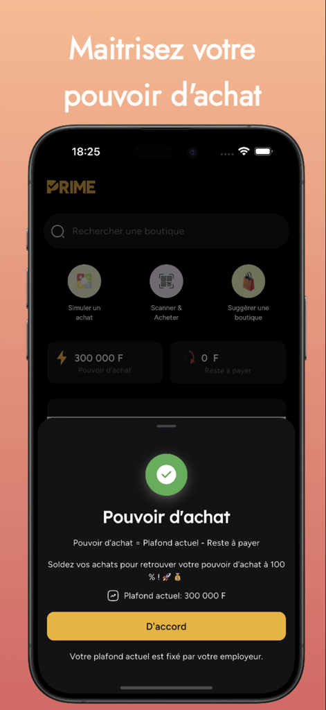 Prime Store - Prime Storeモバイルアプリのダッシュボード。購入可能額機能と、雇用主定義のクレジット限度額の説明が表示されています。