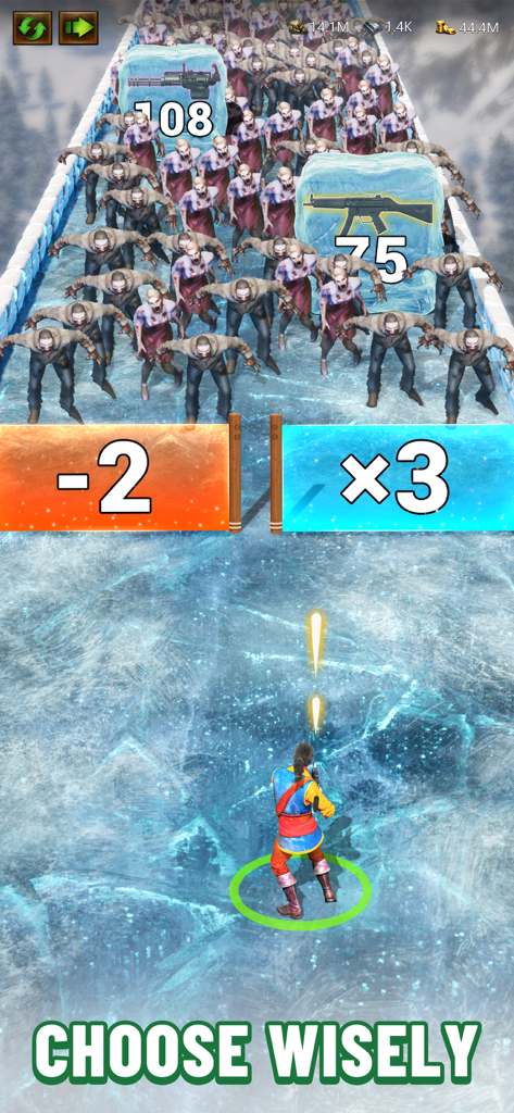 Evony - A player character shooting at a zombie horde through mathematical multiplier gates in a survivor puzzle level