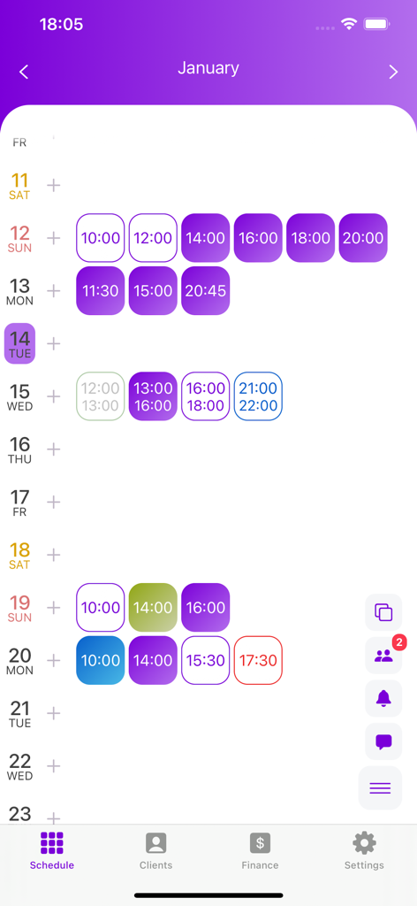 Check In Beauty - scheduler - Check In Beauty App-Oberfläche, die einen Monatskalender mit verfügbaren und gebuchten Termin-Zeitschlitzen zeigt.