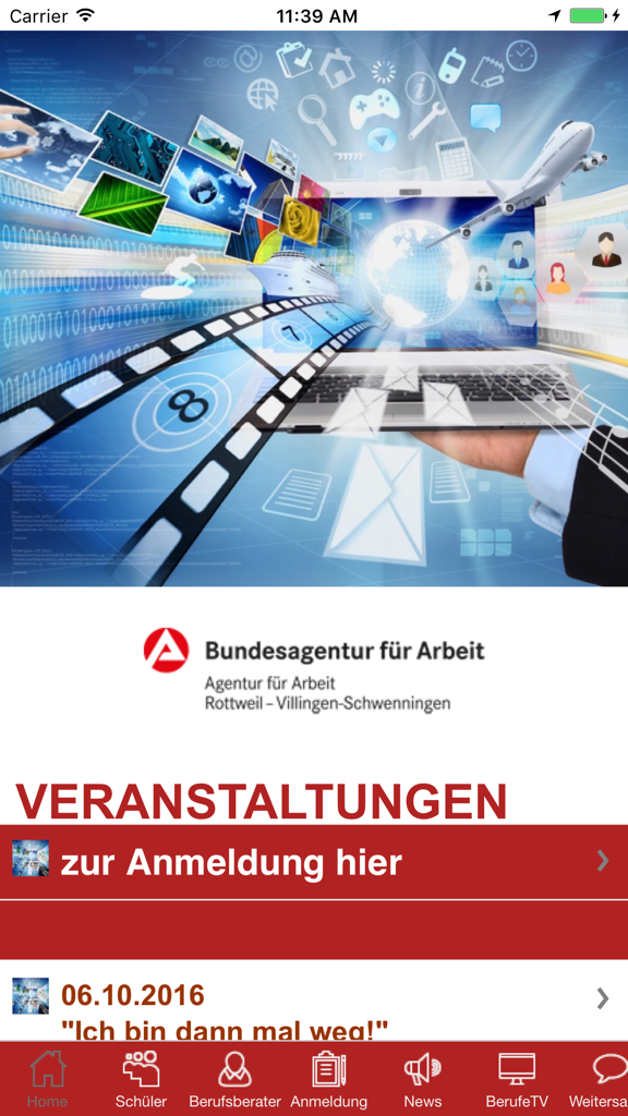 arbeitsagentur - Screenshot of the arbeitsagentur mobile app showing the events page with registration links and navigation menu.