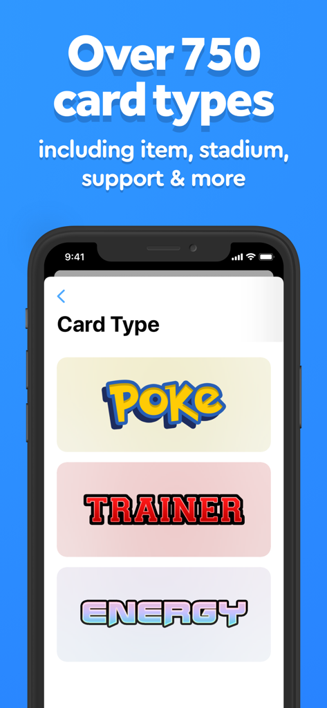 Mobile app screen showing various TCG card types including Poke Trainer and Energy backgrounds