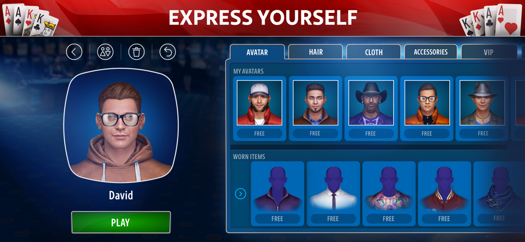 キャラクターと服のオプションが表示されたオマハ・ポーカーアプリのアバターカスタマイズメニュー