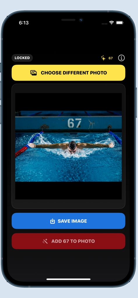 67 App - Capture d'écran de 67 App montrant une photo de nageur avec un meme 67 et des boutons pour éditer ou sauvegarder l'image