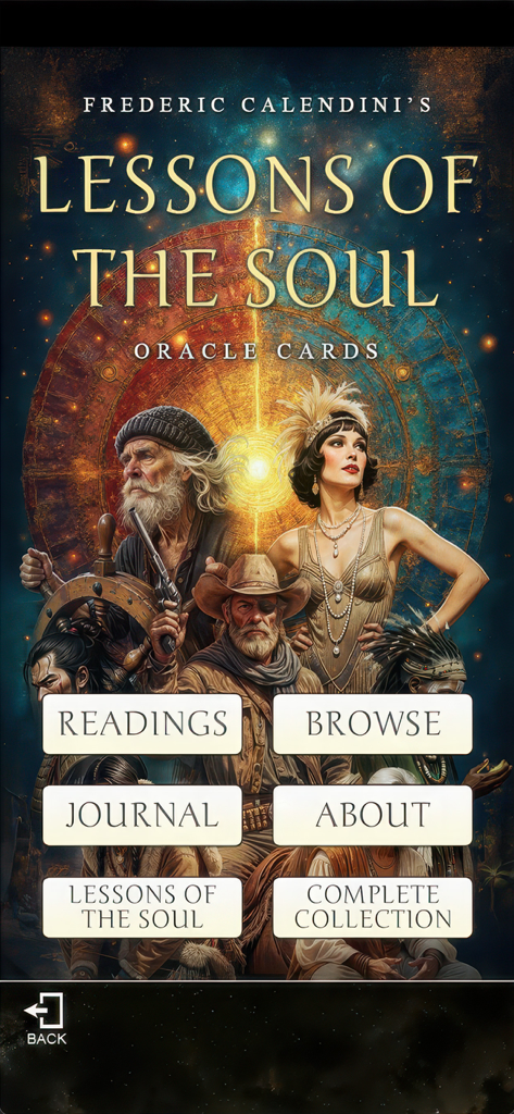 Shamanic Oracle Cards - Hauptmenü der Lektionen der Seele Orakelkarten-App mit mystischer Charakterkunst und Navigationsschaltflächen