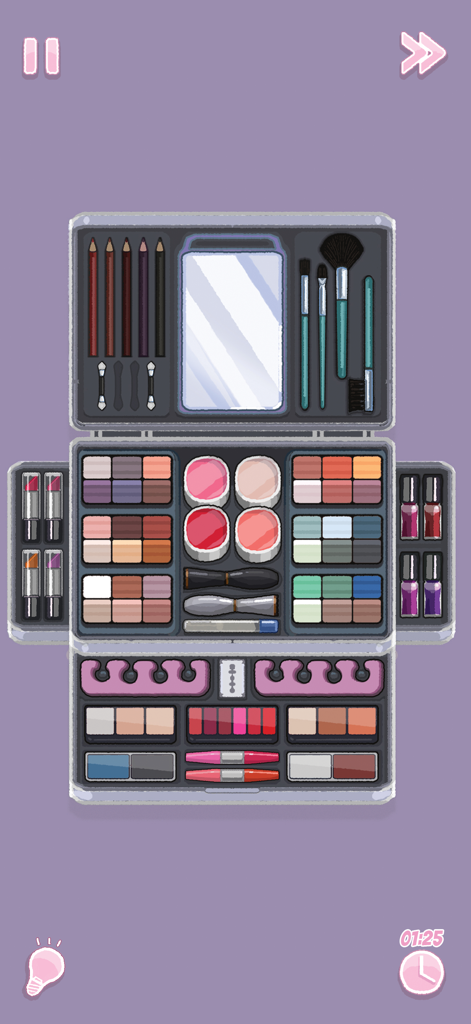 Un estuche de maquillaje ordenado con brochas y cosméticos en un acogedor puzzle de clasificación