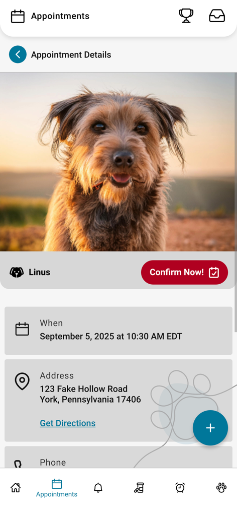 PetPage - PetPageアプリ、ライナスという名前の犬の予約詳細を表示、「今すぐ確認」ボタン付き