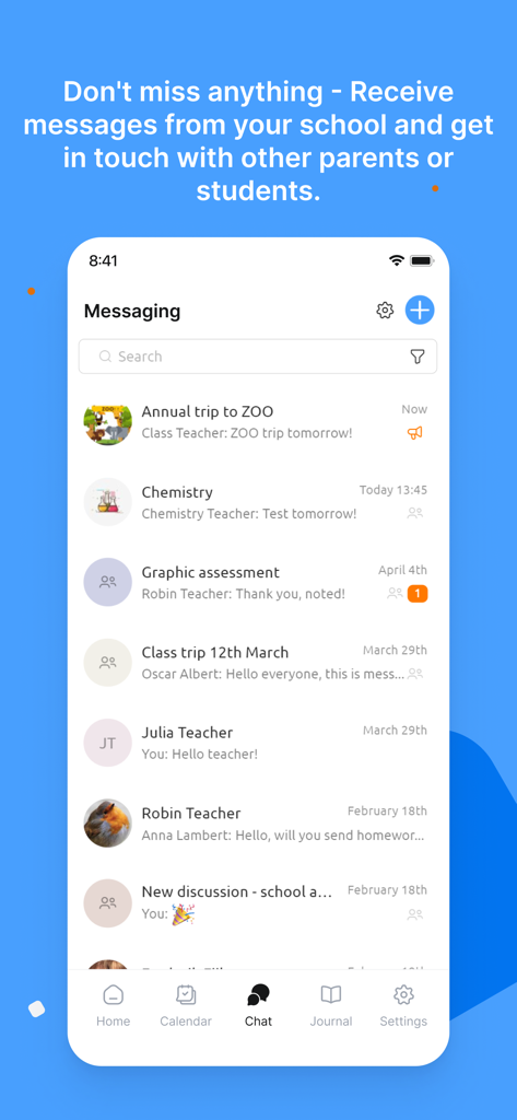eKool - eKool mobile app chat interface showing school messages and teacher communications
