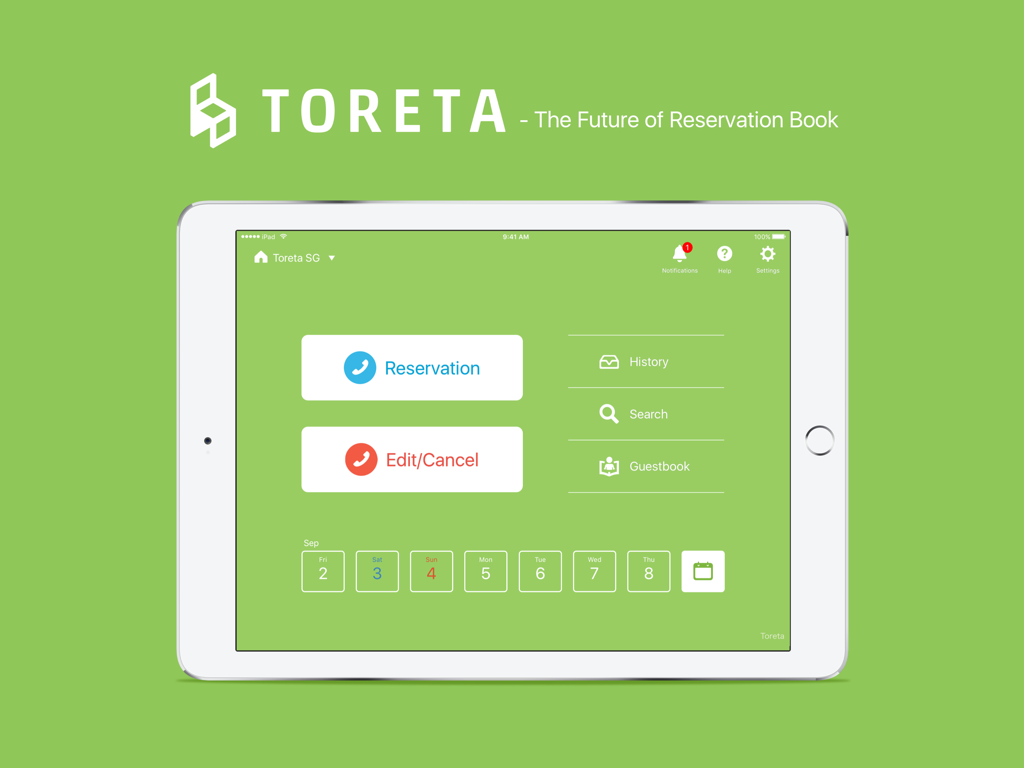 iPad上のToretaレストラン予約＆ゲストブックアプリ