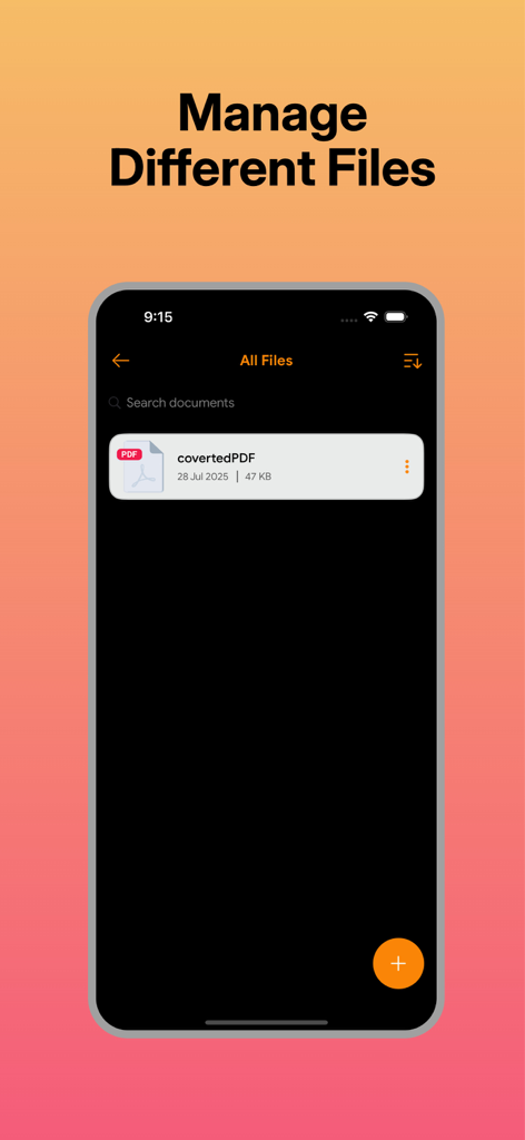 ドキュメントリストが表示されたPDF Reader-simpleアプリのファイル管理インターフェースのスクリーンショット