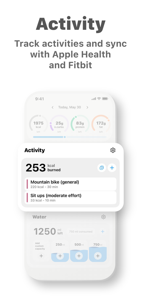 Activity tracking screen of the Keto diet app showing calories burned and synchronization with Apple Health and Fitbit