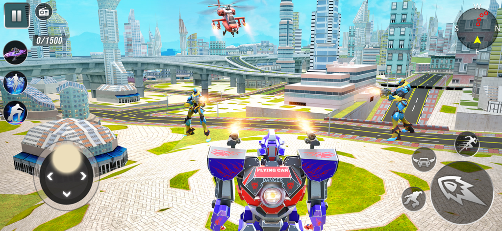 Flying Car: Robot Car Games - Un robot de batalla gigante de pie en una ciudad futurista con controles de combate y un helicóptero volando por encima.