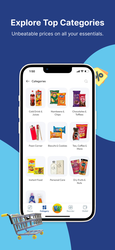 페어딜 마켓 모바일 앱 인터페이스, 소매업체를 위한 스낵 음료 및 개인 위생용품과 같은 다양한 도매 제품 카테고리 표시
