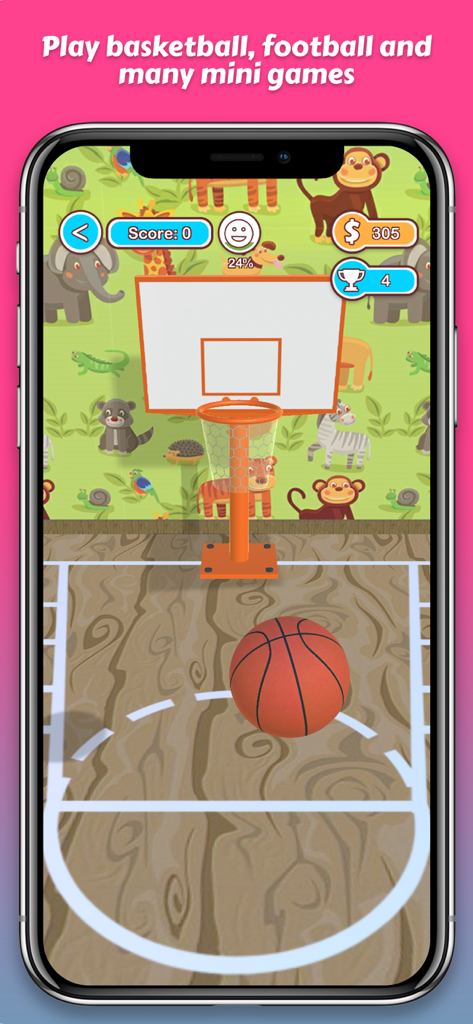 My Growing Baby (Virtual Baby) - Un minijuego de baloncesto dentro de la aplicación Mi Bebé en Crecimiento con una canasta y un fondo de pantalla con estampado de animales.