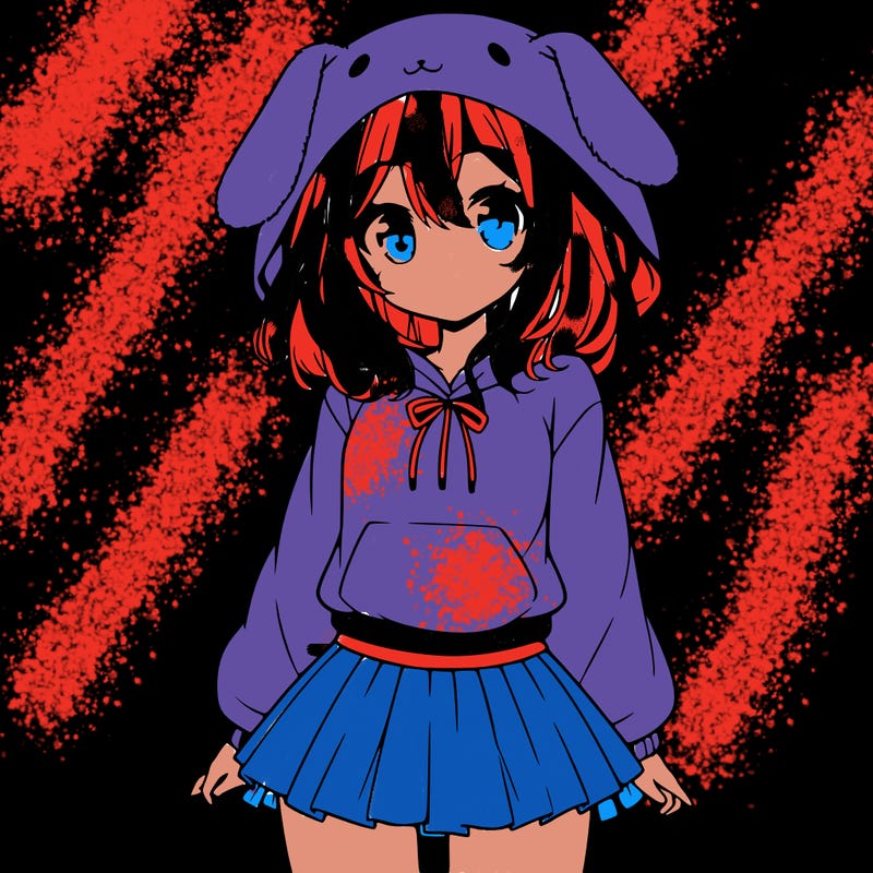 pretty anime girl wearing a fluffy hoodie with bunny ears on the hood and a skirt